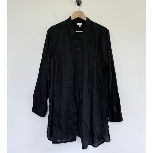GARNET HILL black Easy Linen longline tunic button up 100% natural blouse top - Picture 2 of 7